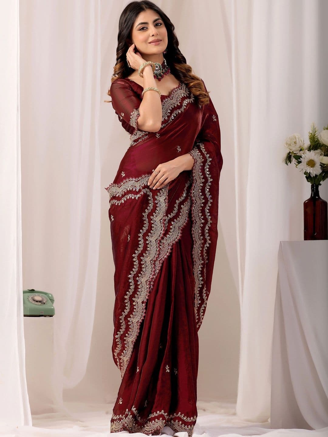 Sangria Embroidered Satin Designer Saree - view 1