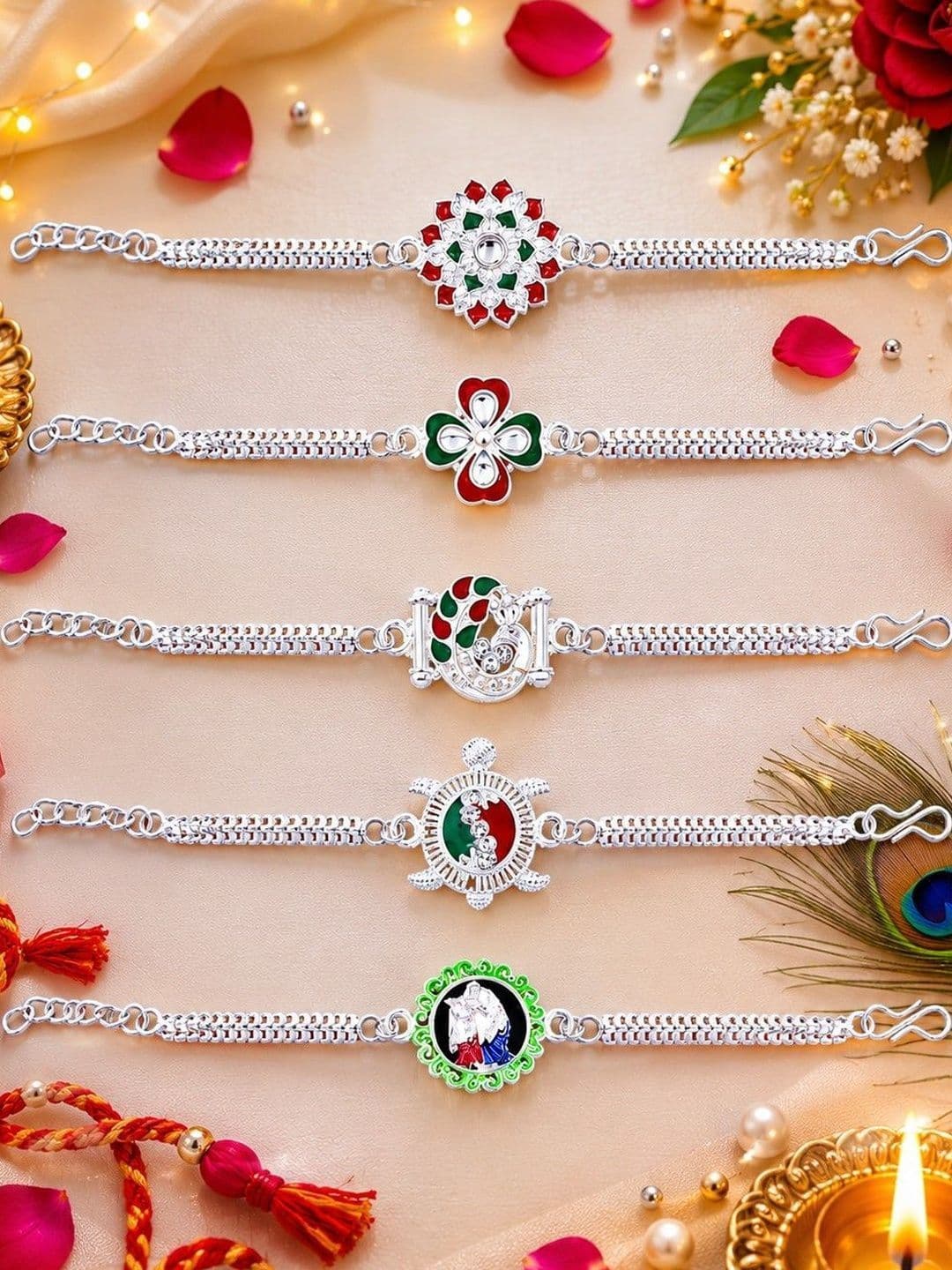 DeoDap Set of 5 Rakhis For Brother With Greeting Card & Roli-Chawal & Silver Toneed Coin - view 1