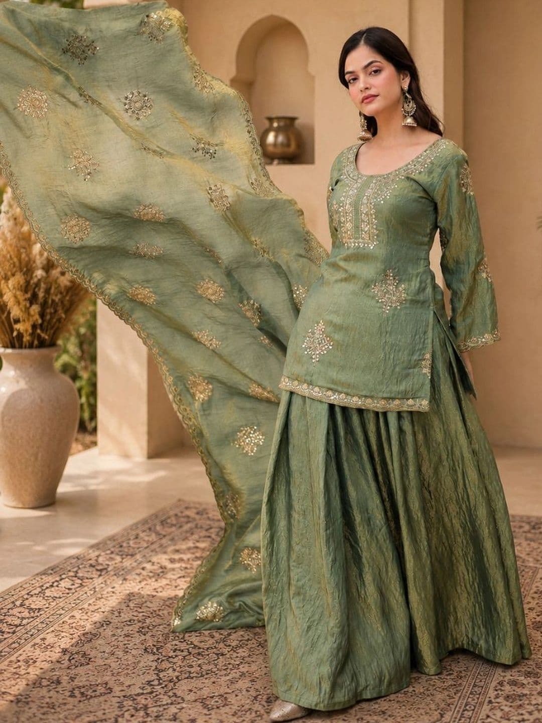 Ariya Prints Women Ethnic Motifs Embroidered Regular Chanderi Silk Kurta with Sharara & With Dupatta - view 1