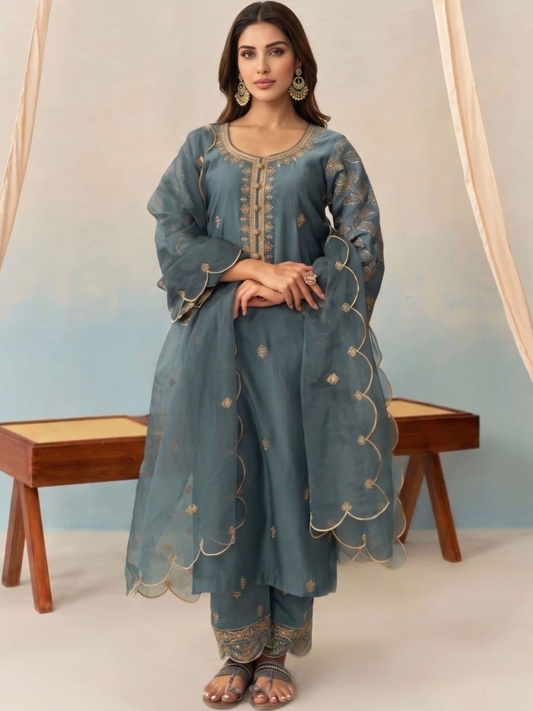 Royal Export Women Ethnic Motifs Embroidered Regular Chanderi Silk Kurta with Trousers & With Dupatta - view 1