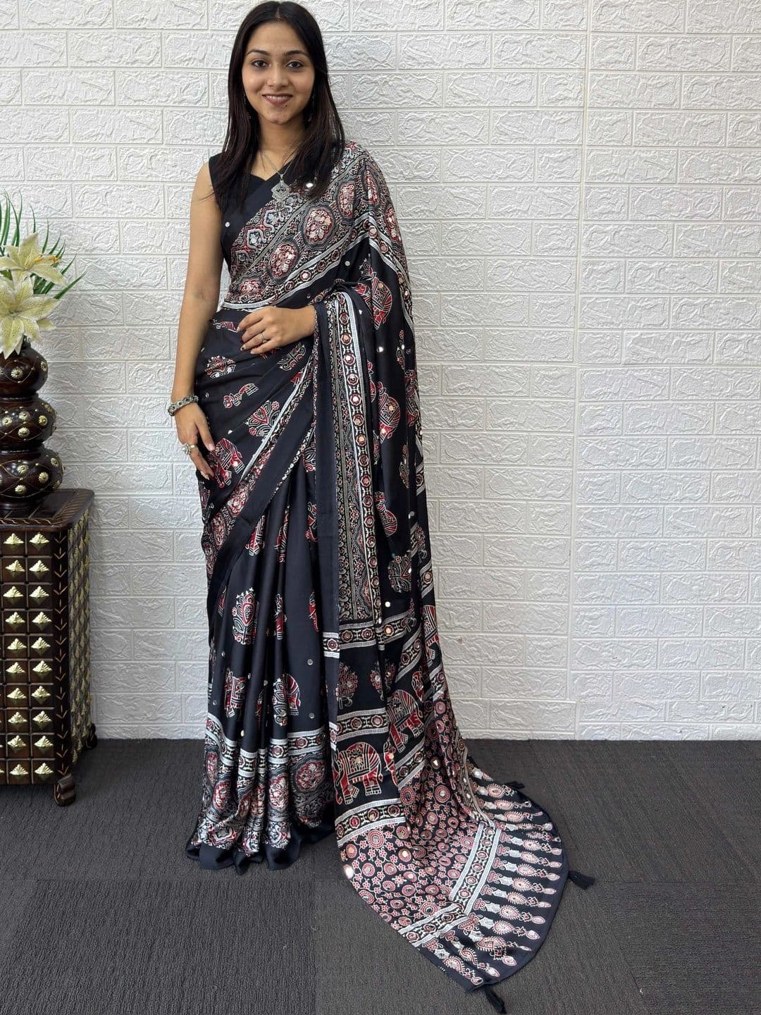 Sangria Ajrak Block Mirror Work Bandhani Saree - view 1