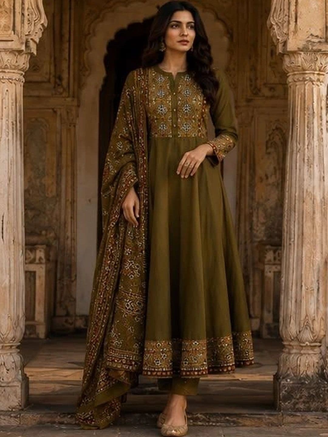 MILAAV Women Ethnic Motifs Embroidered Empire Pure Cotton Kurta with Trousers & With Dupatta - view 1
