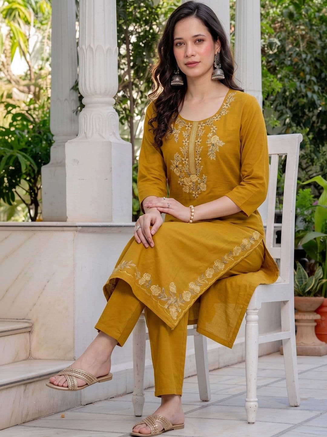 Anouk Women Ethnic Motifs Embroidered Regular Thread Work Pure Cotton Kurta with Trousers - view 1