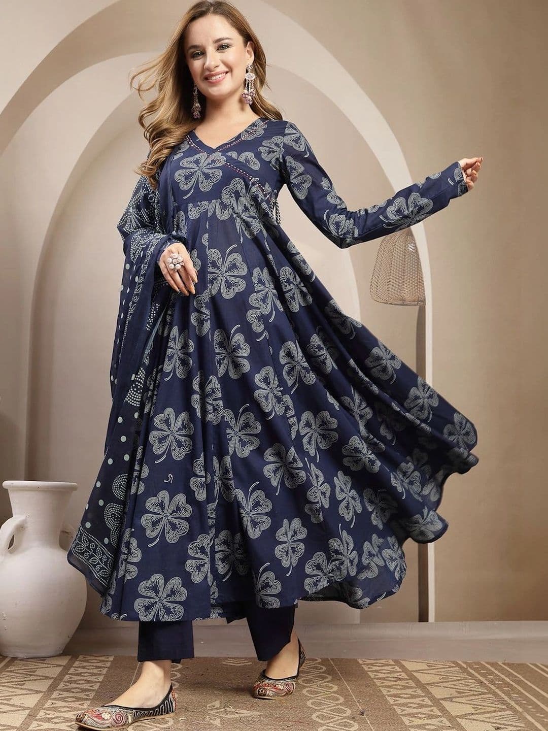 Anouk Women Floral Printed Angrakha Pure Cotton Kurta with Trousers & With Dupatta - view 1