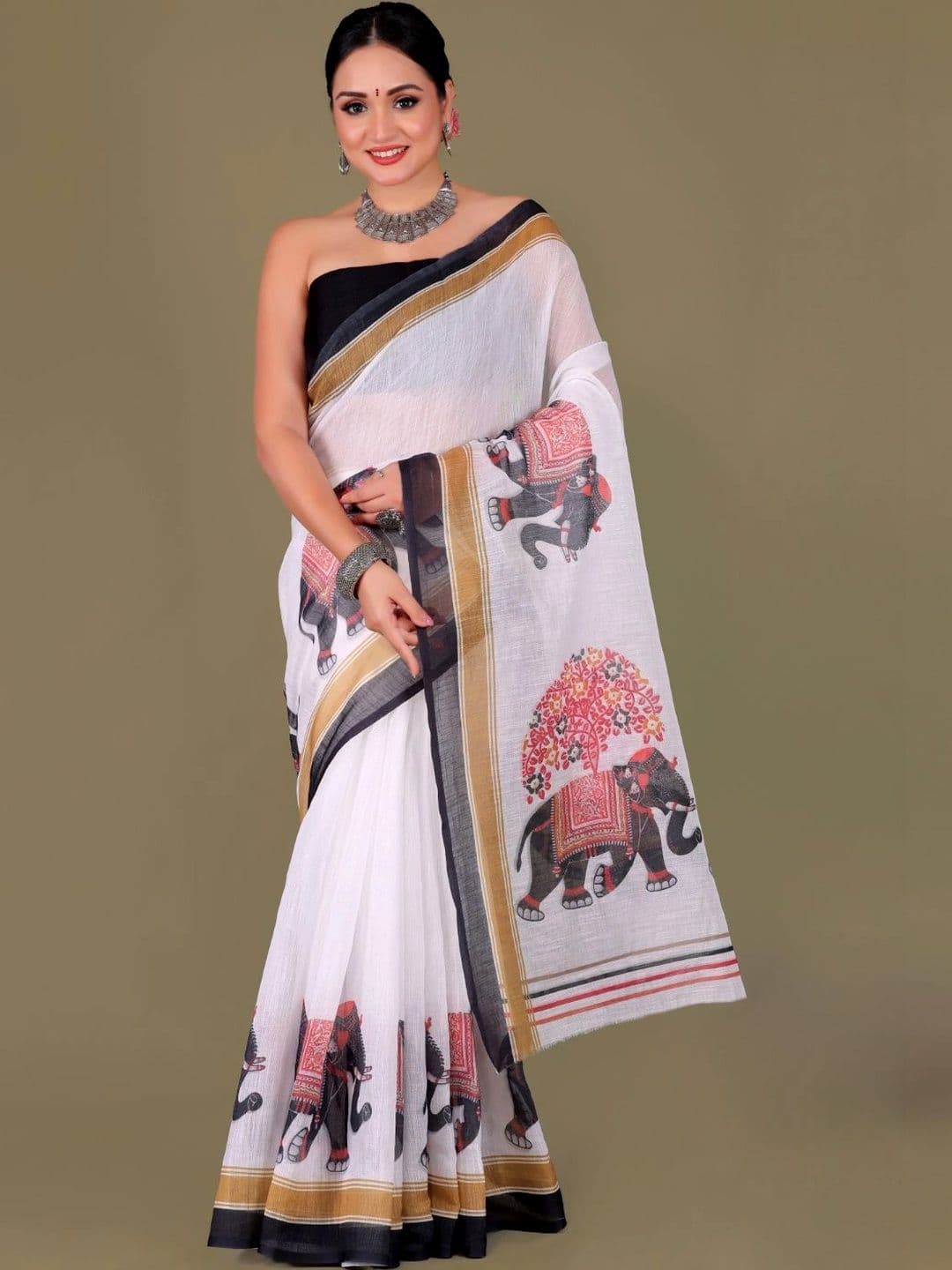KIVERA Woven Design Linen Blend Fusion Block Print Saree - view 1