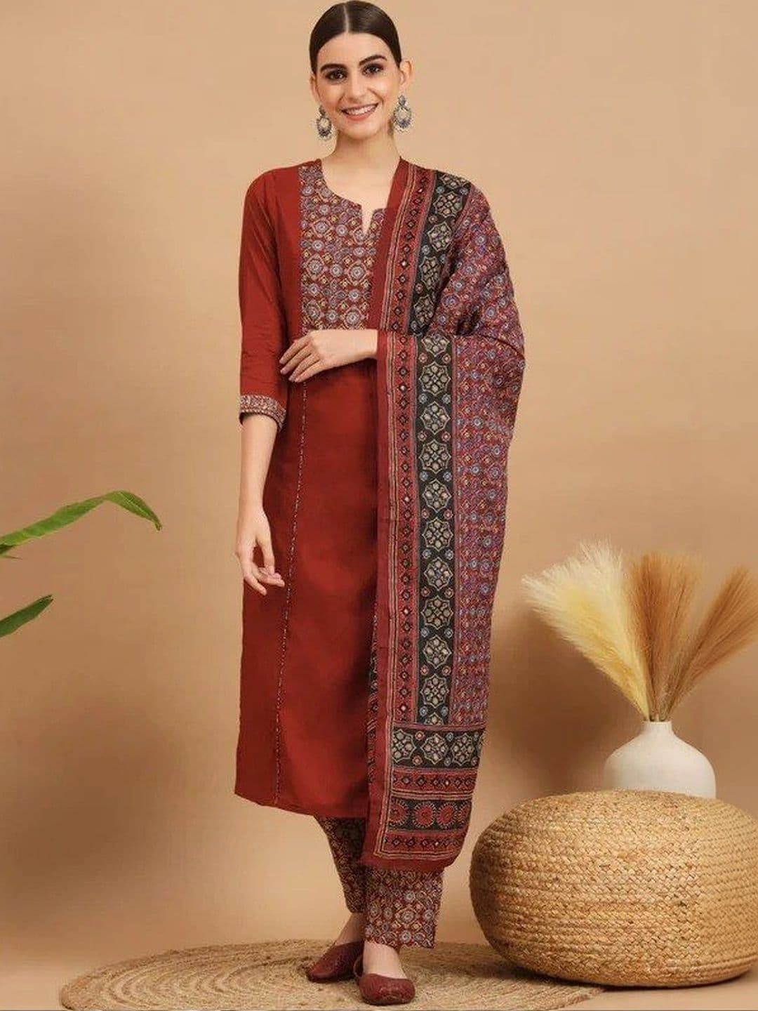 PERVAS Women Ethnic Motifs Printed Regular Kurta with Trousers & With Dupatta - view 1