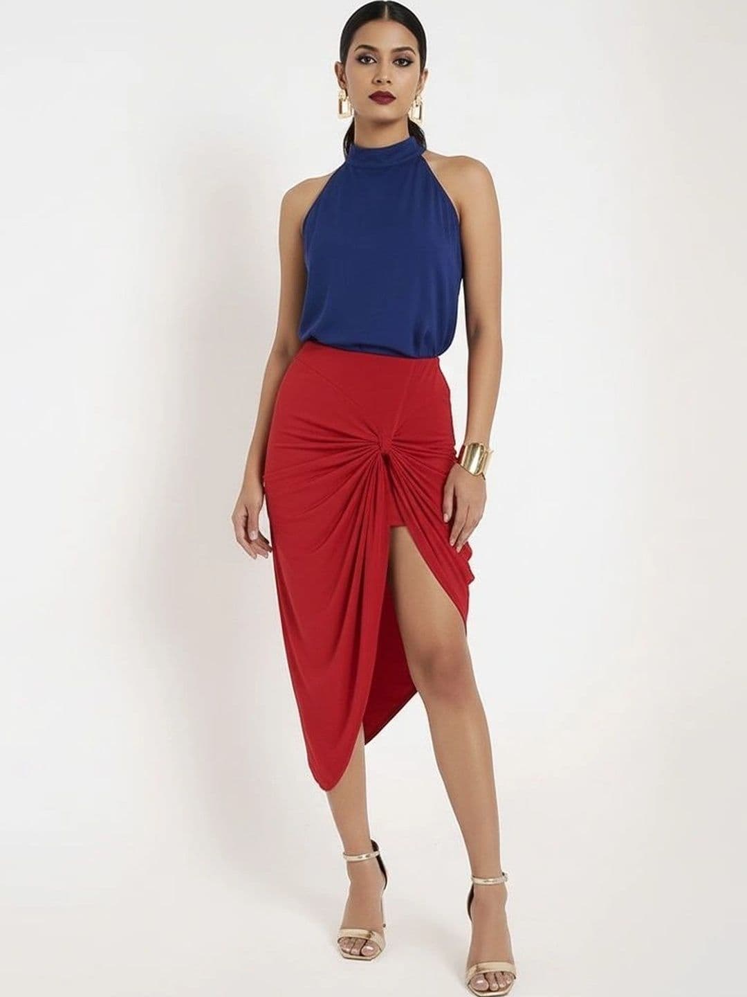 Mast & Harbour Women Draped Front Slit Midi Tulip Skirt - view 1