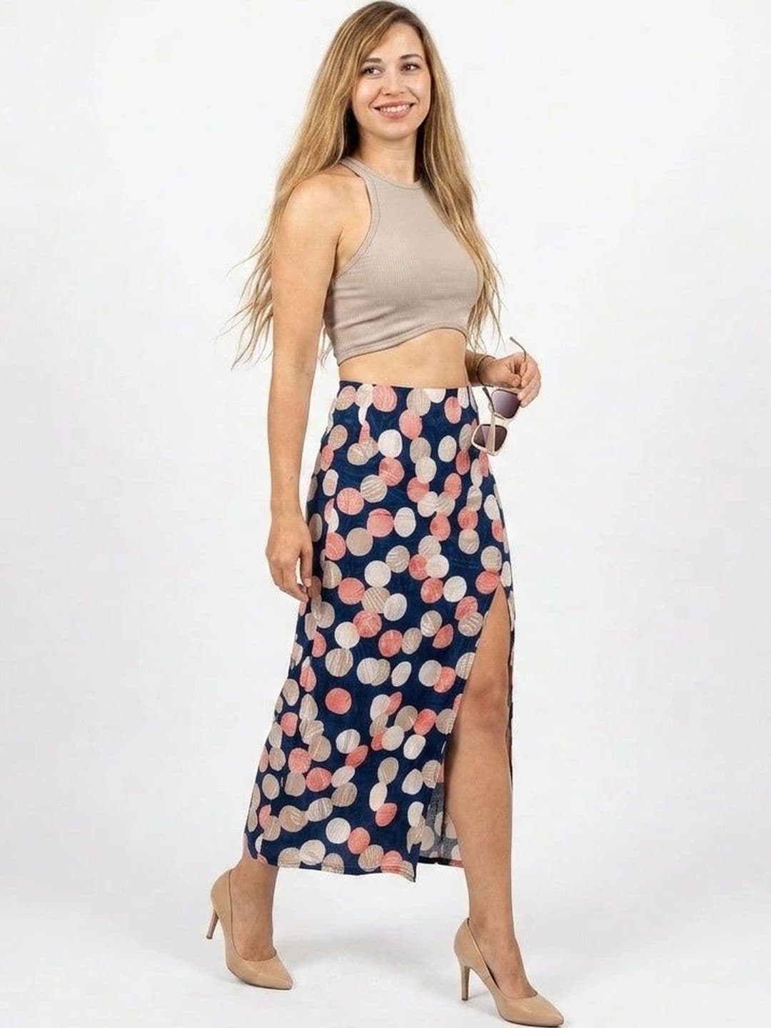 Mast & Harbour Women Geometric Front Slit Midi Straight Skirt - view 1