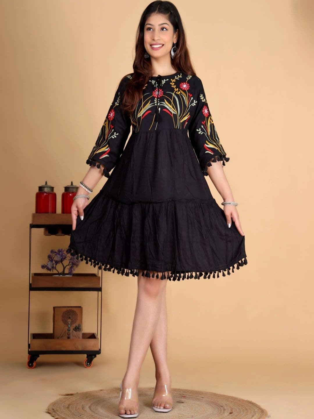 Shree paplaj Floral Embroidered Ruffled A-Line Dress - view 1