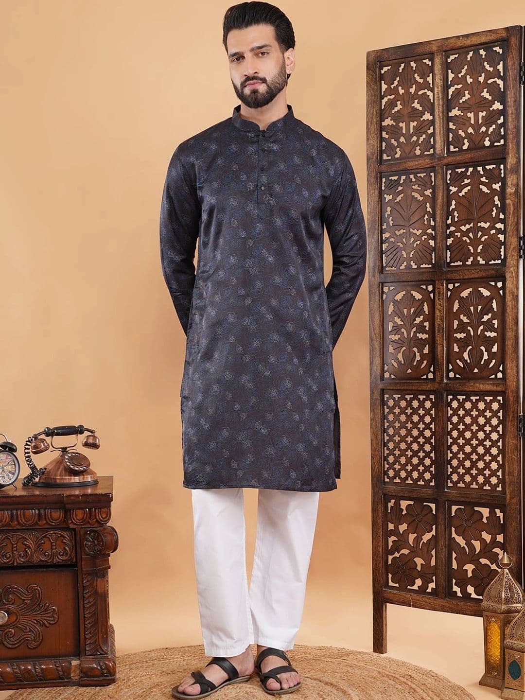 ADHIRAJAN Men Floral Printed Floral Satin Blend Kurta - view 1