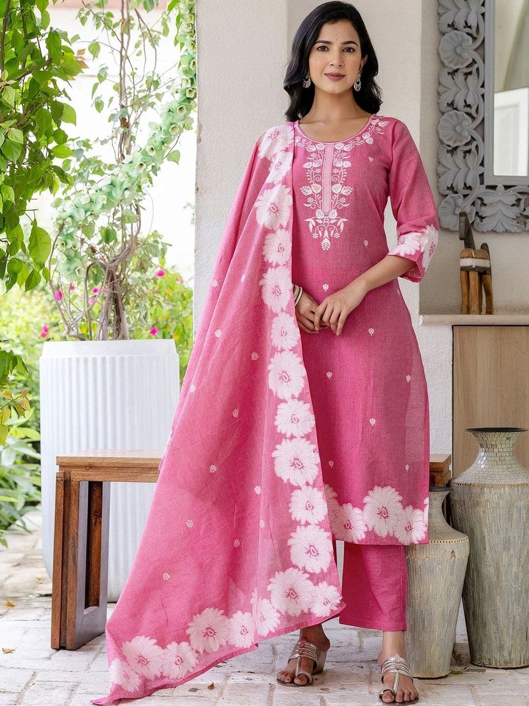 SANISA Women Ethnic Motifs Embroidered Regular Thread Work Pure Cotton Kurta with Trousers & With Dupatta - view 1