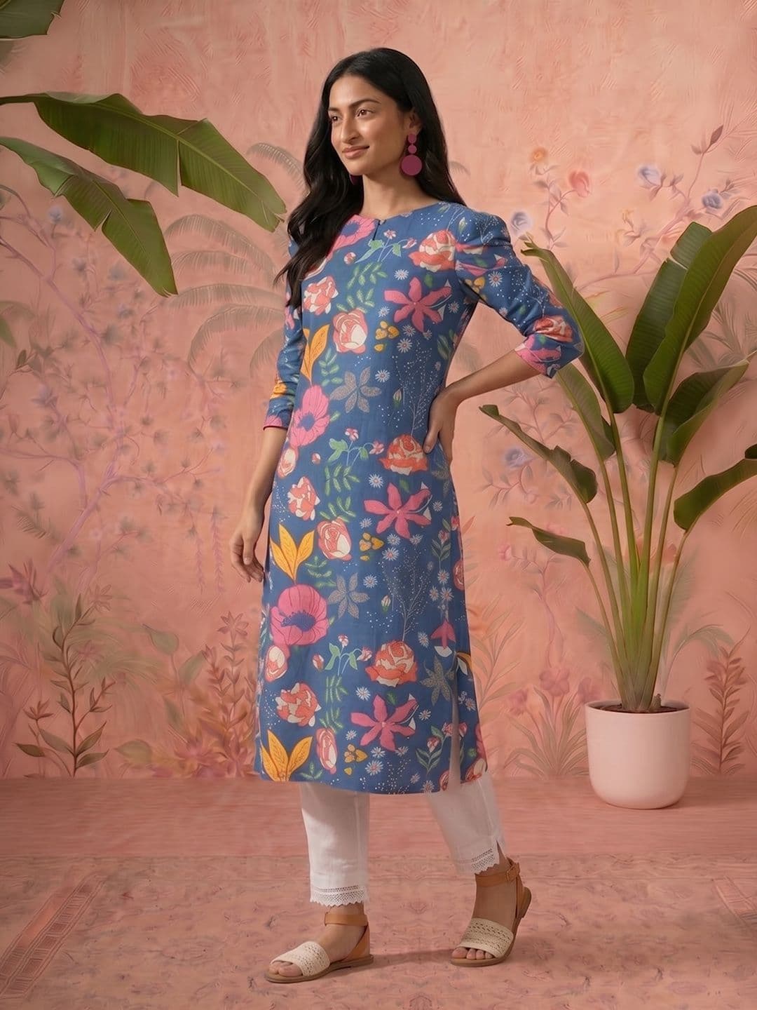 Sangria Floral Printed Keyhole Neck Kurta - view 1