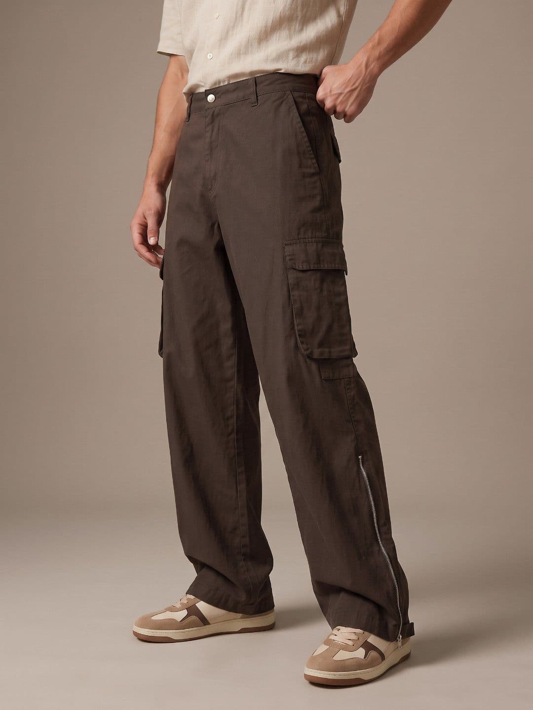 glitchez Men Pure Cotton Baggy Fit Zip Detail Chinos Trousers - view 1