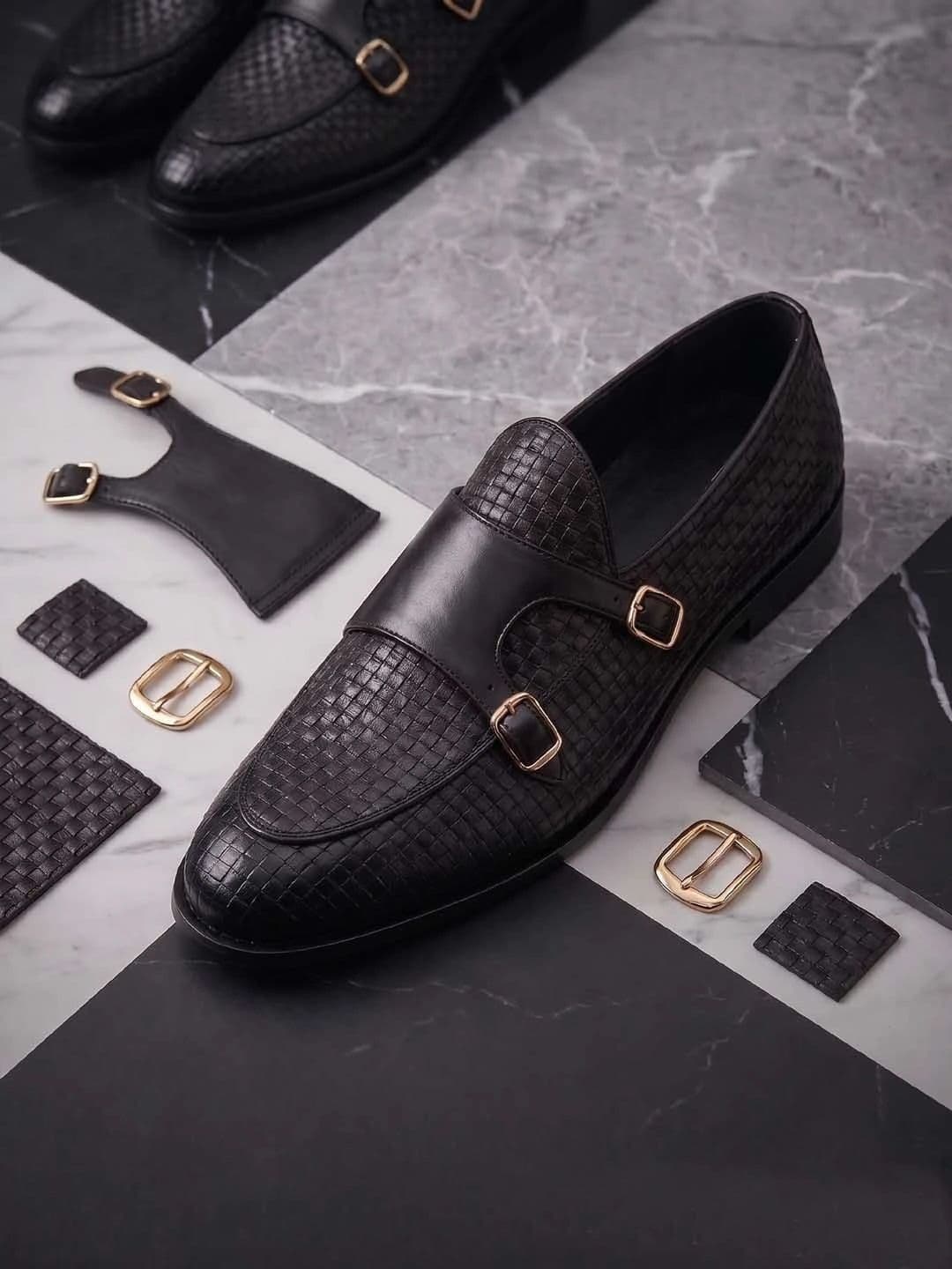 HERE&NOW Men Woven Design Round Toe Buckle Formal Monk Shoes - view 1