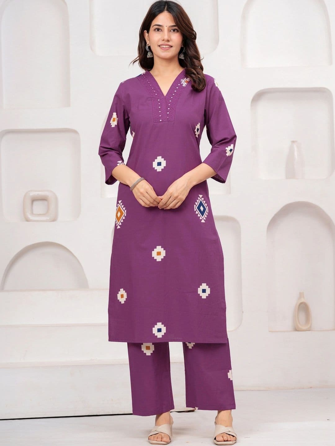 KALINI Women Printed Regular Thread Work Pure Cotton Kurta with Trousers - view 1