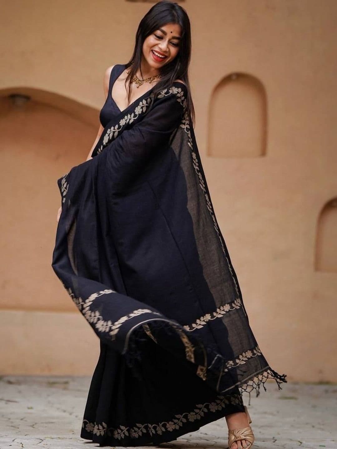 Rujave Elegant Black Soft Silk Gold Floral Border Sarees - view 1