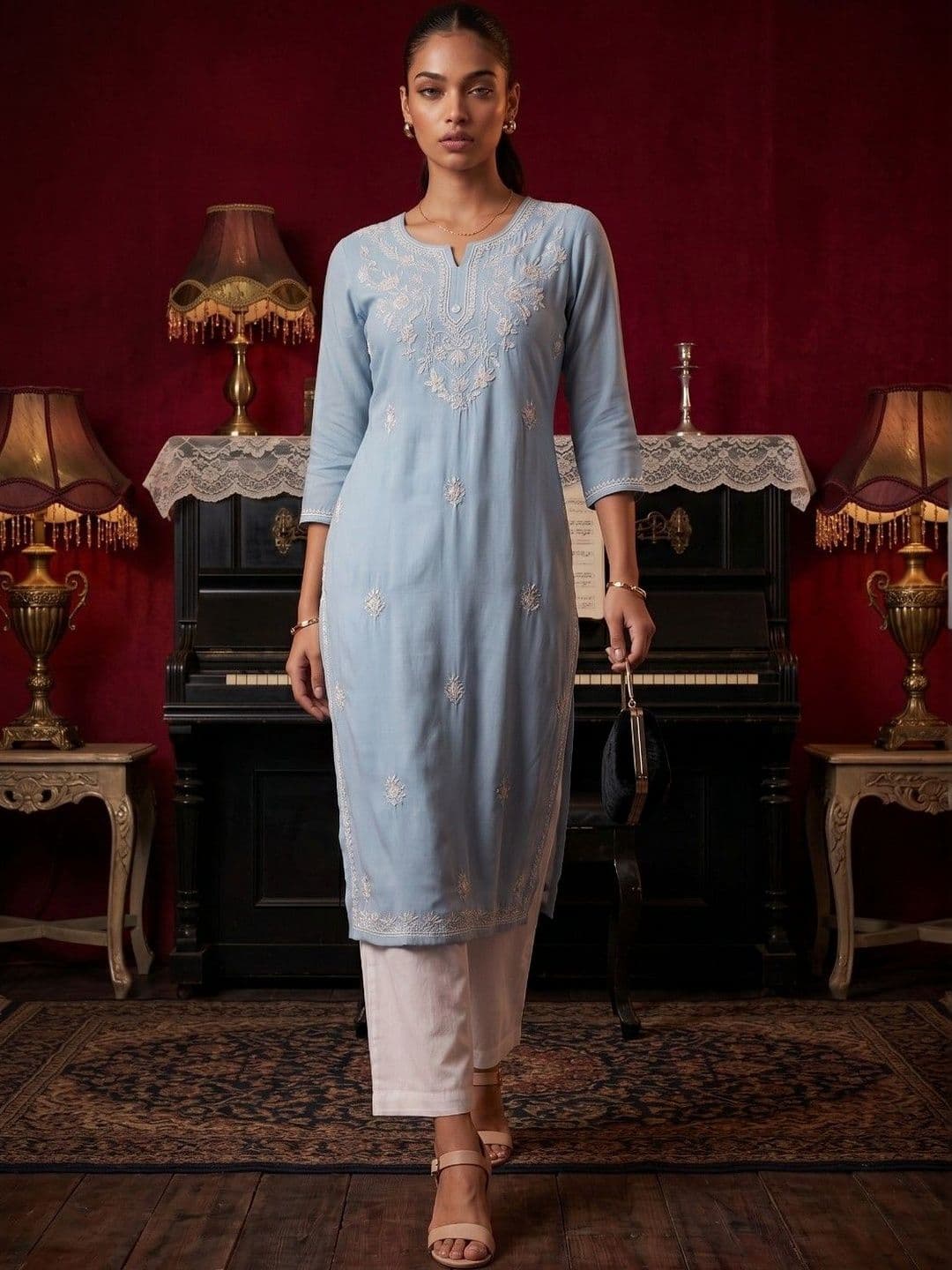 KINDA DESI Women Floral Embroidered Gotta Patti Georgette Kurta - view 1