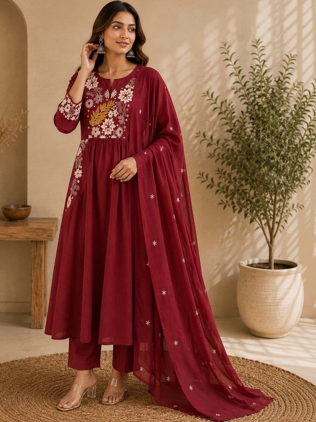 Sangria Women Floral Embroidered Empire Thread Work Pure Cotton Kurta with Trousers & With Dupatta - view 1