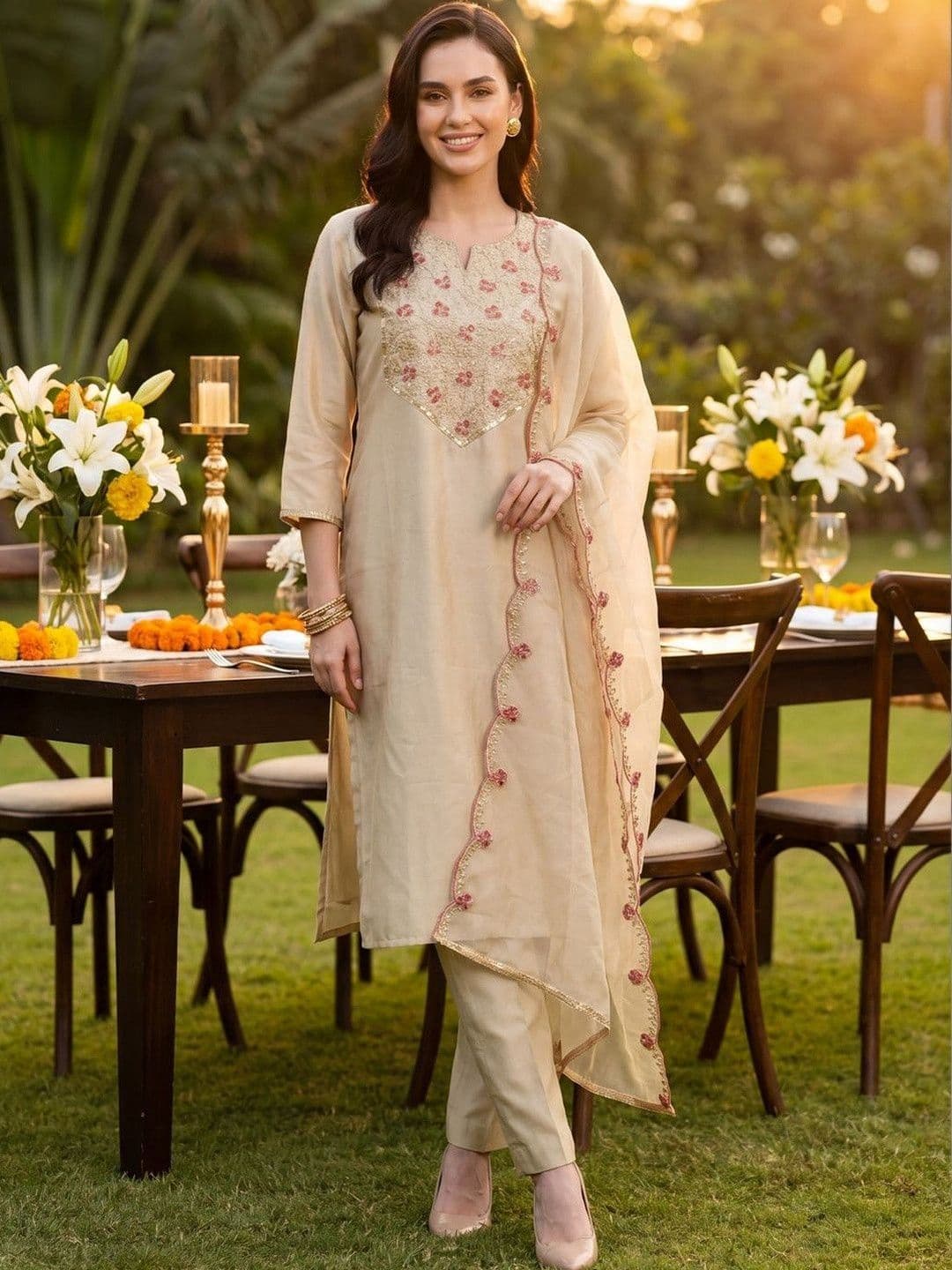 Indo Era Women Floral Embroidered Regular Thread Work Liva Kurta with Trousers & With Dupatta - view 1