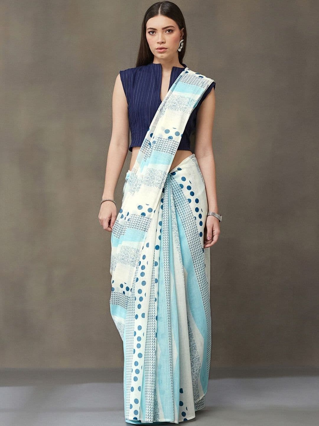 Navibhu Structured Polka Dot Pure Linen Handloom Saree - view 1