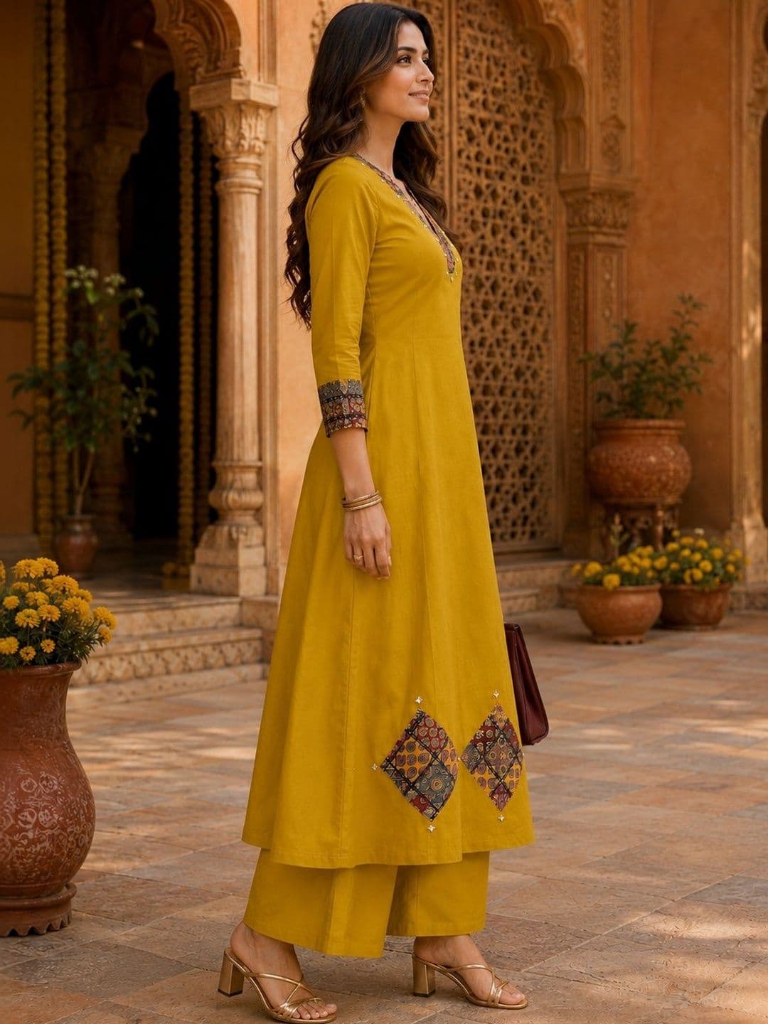 Berrylicious Women Ethnic Motifs Embroidered Regular Thread Work Pure Cotton Kurta with Palazzos & With - view 1