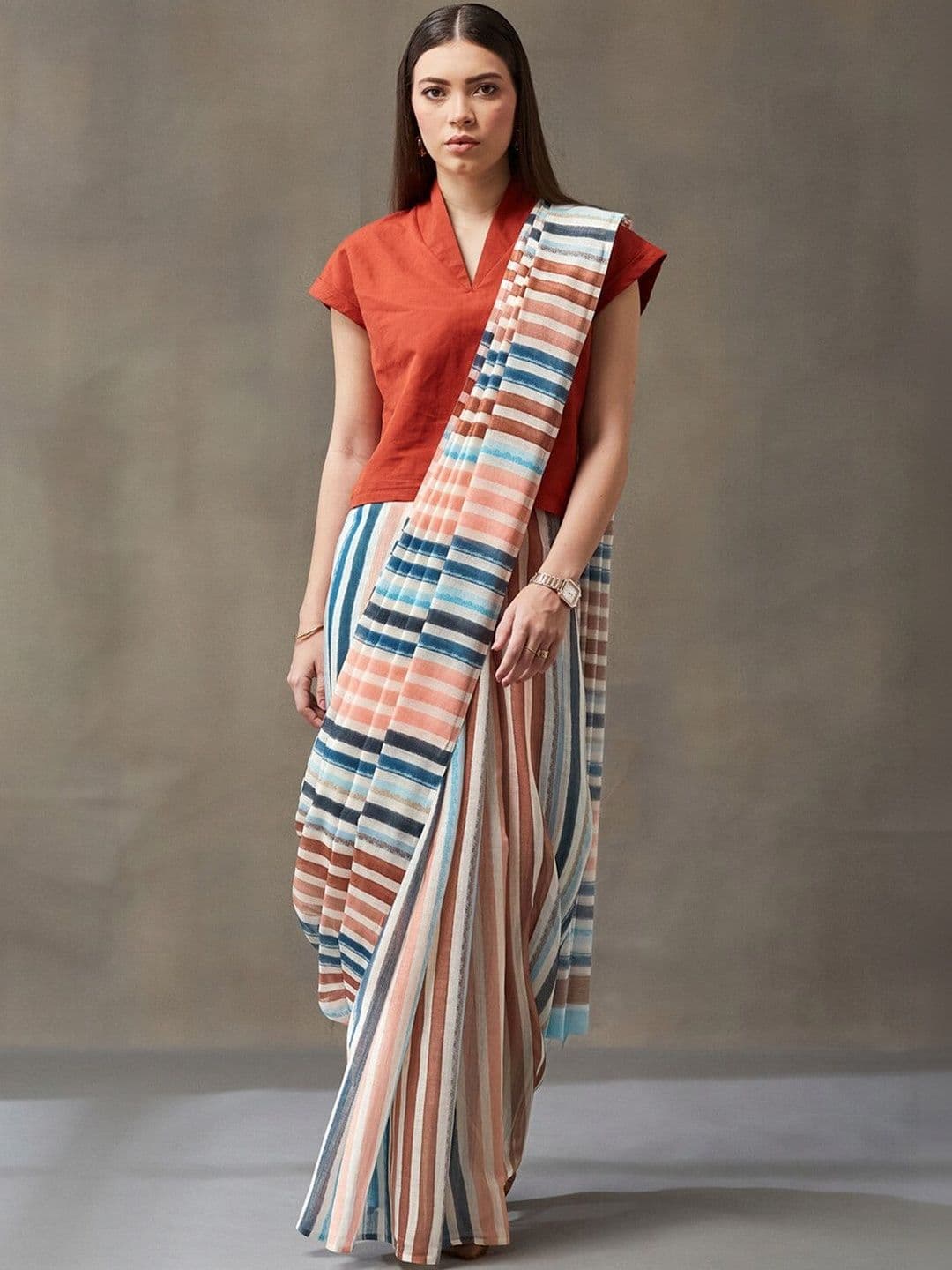 Navibhu Contemporary Office-Wear Striped Pure Linen Fusion Saree - view 1