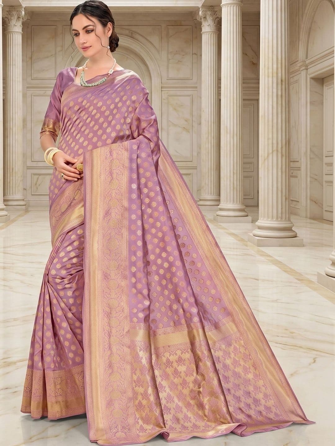 FABLAND Ethnic Motifs Zari Silk Blend Heavy Work Kanjeevaram Saree - view 1