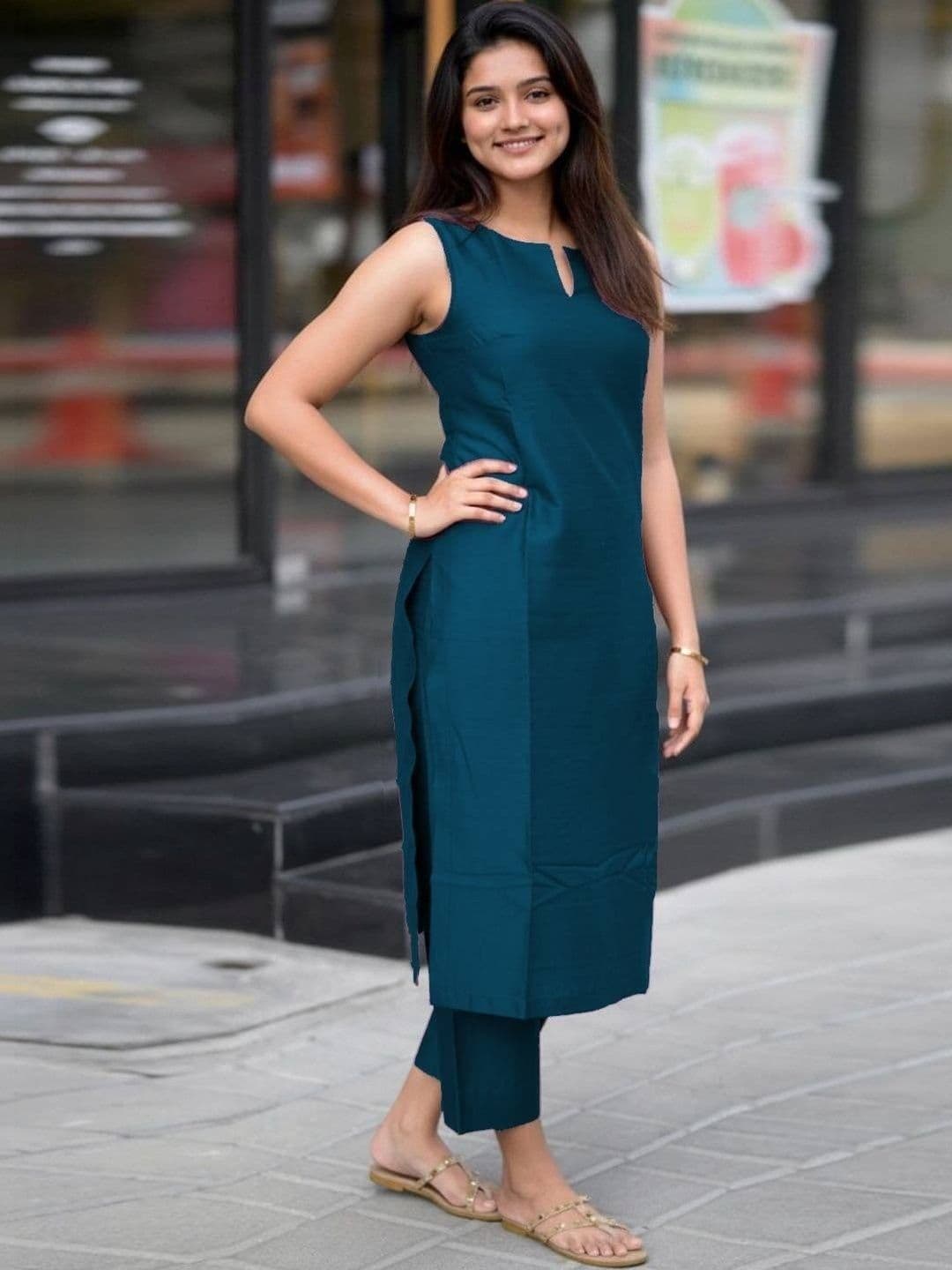 HERE&NOW Women Notch Neck Sleeveless Straight Kurta With Trousers - view 1