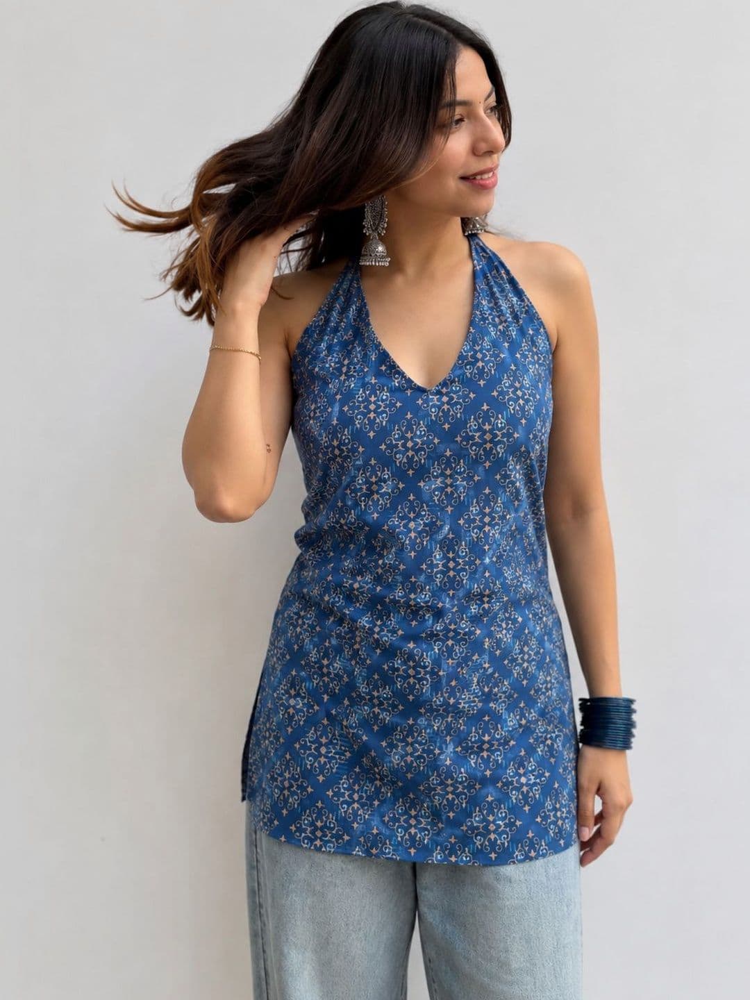 NAVYAAZRI Women Ethnic Motifs Printed Halter Neck Kurta - view 1