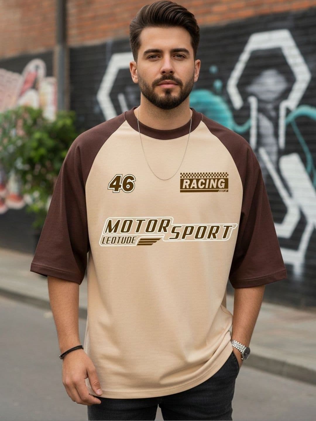 Leotude Typography Printed Round Neck Drop-Shoulder Sleeves Oversized T-shirt