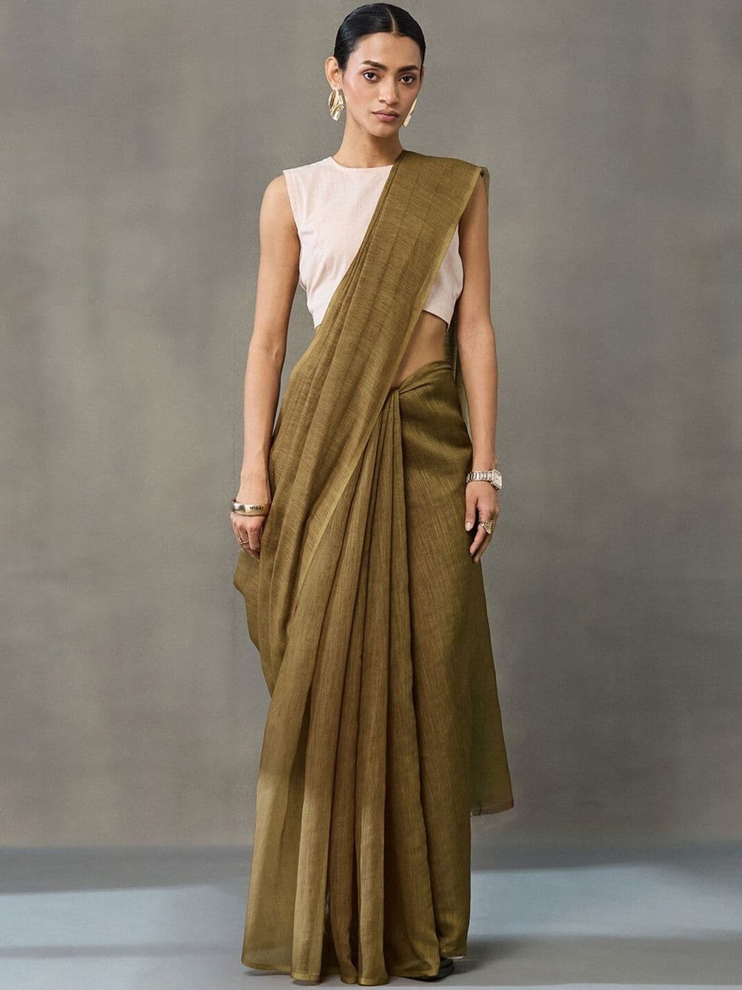 Navibhu Contemporary Office-Wear Woven Design Pure Linen Fashion Saree With Unstitched Blouse Piece - view 1