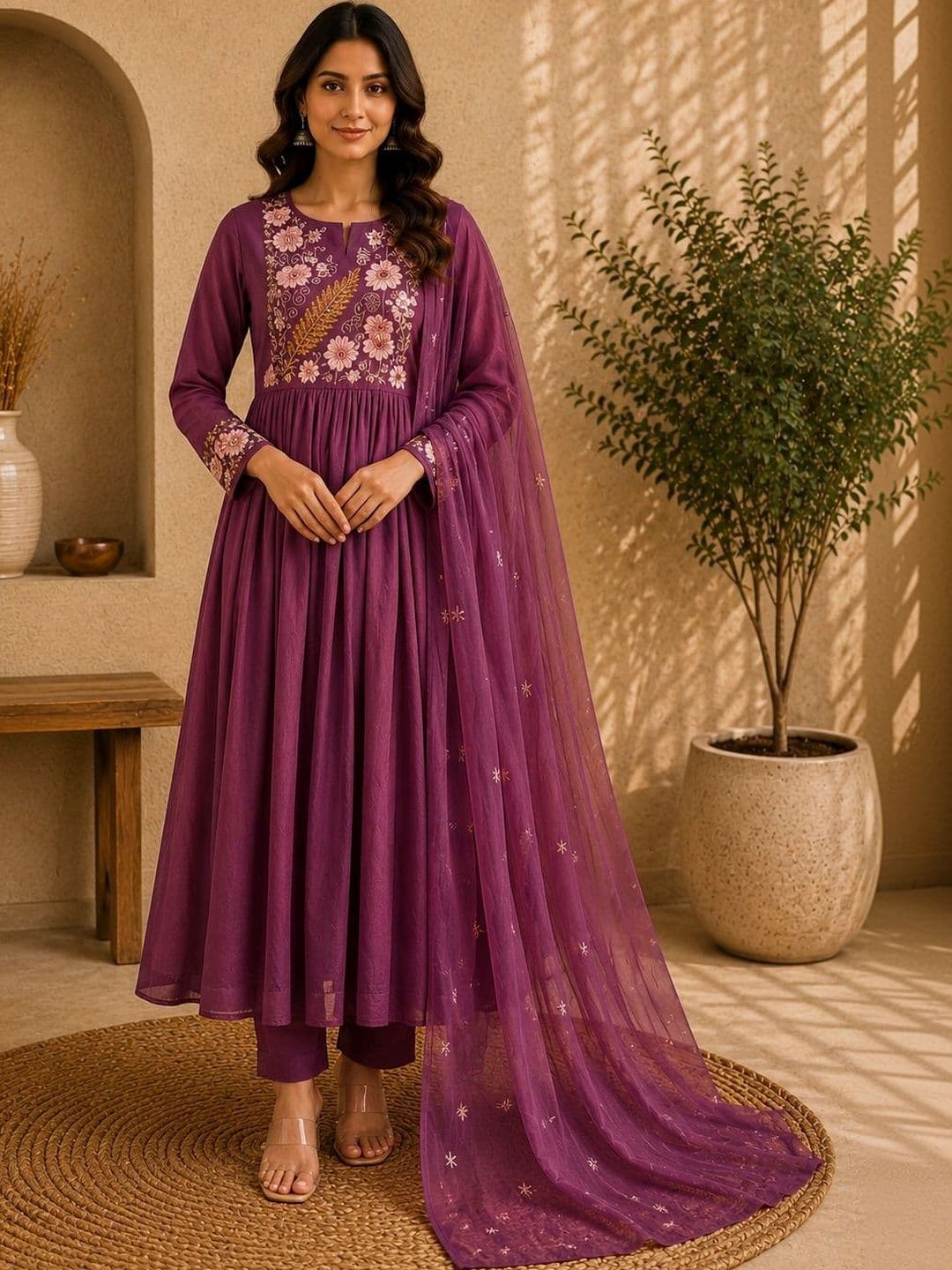 Sangria Women Floral Embroidered Empire Thread Work Pure Cotton Kurta with Trousers & With Dupatta - view 1
