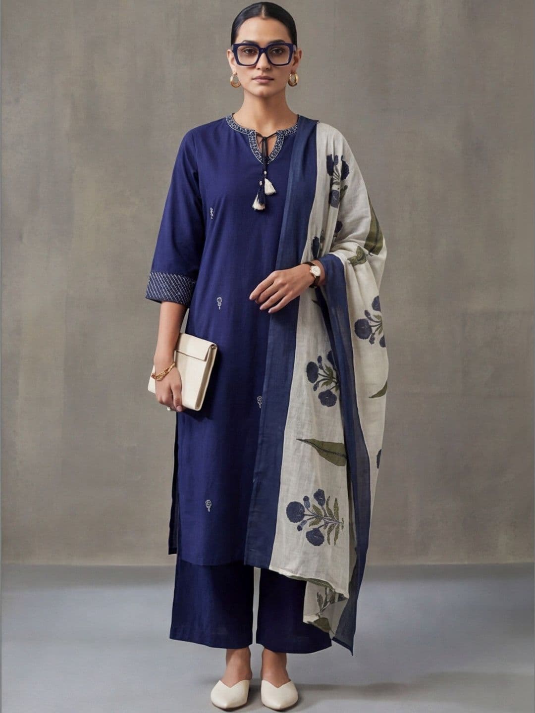 Navibhu Floral Embroidered Straight Cotton Kurta & Trousers Sets - view 1