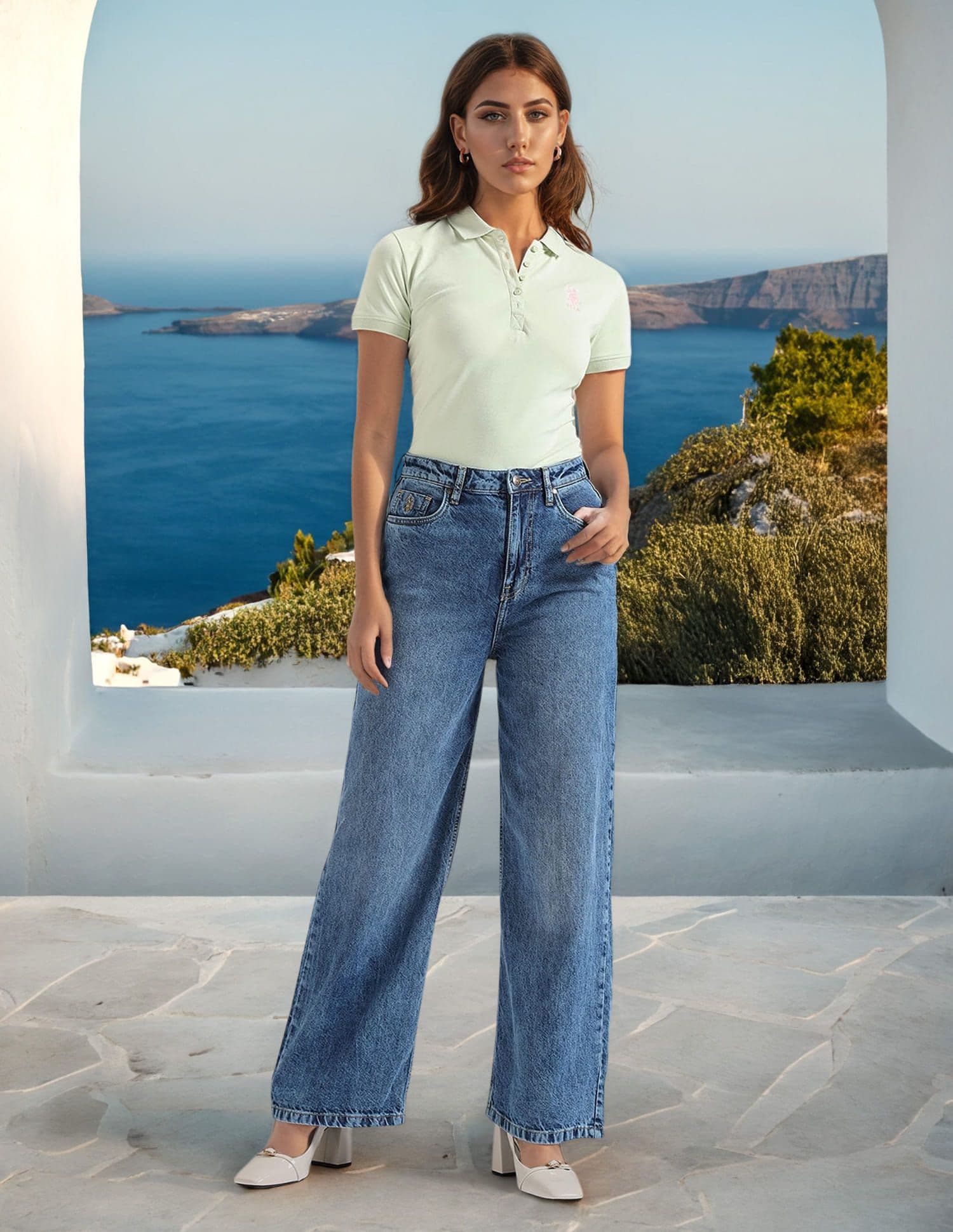 U.S. Polo Assn. Women Wide Leg Mid-Rise Clean Look Light Fade Cotton Jeans - view 1