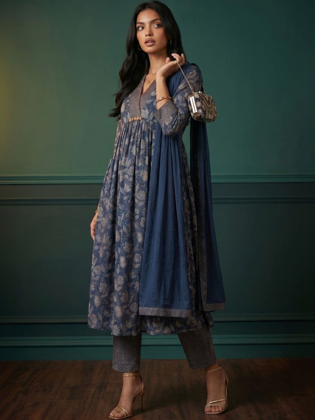 KINDA DESI Women Floral Printed Pleated Zardozi Pure Cotton Kurta with Trousers & With Dupatta - view 1