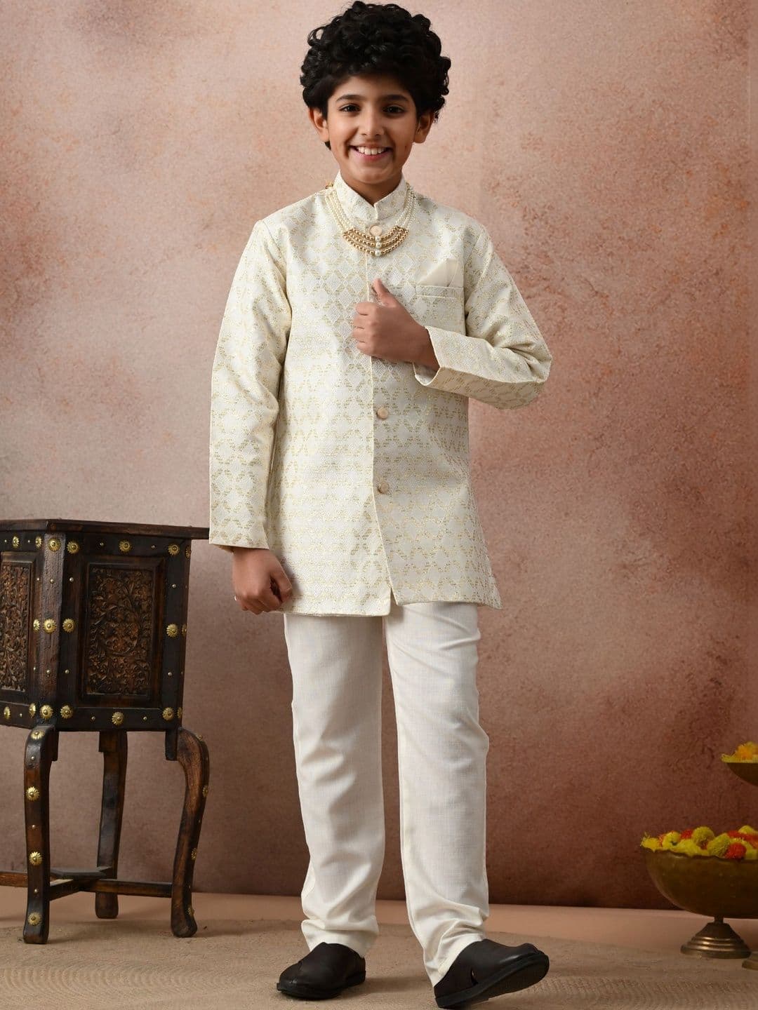 joley poley Boys Brocade Mandarin Collar Sherwani - view 1