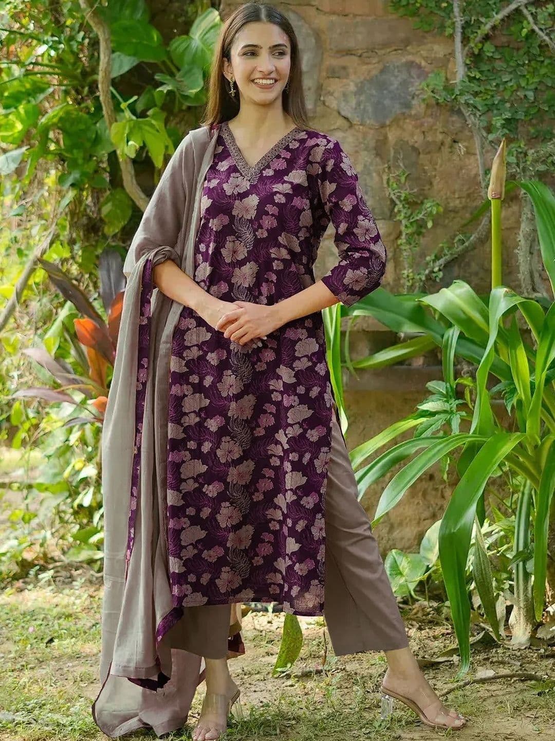 Libas Floral Printed V-Neck Sraight Kurta With Trousers And Dupatta - view 1