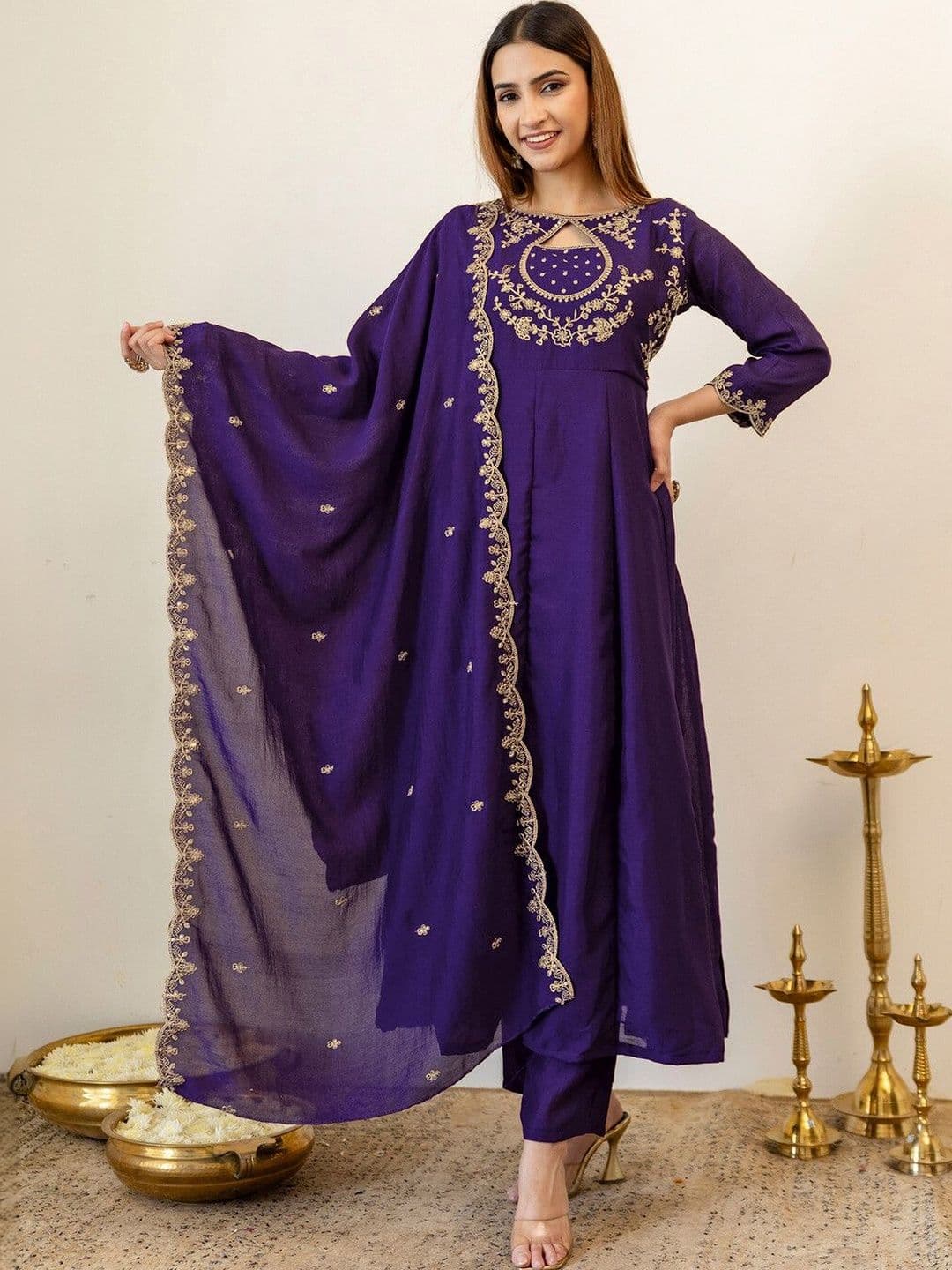 SKYLEE Women Ethnic Motifs Embroidered Regular Kurta with Trousers & With Dupatta - view 1