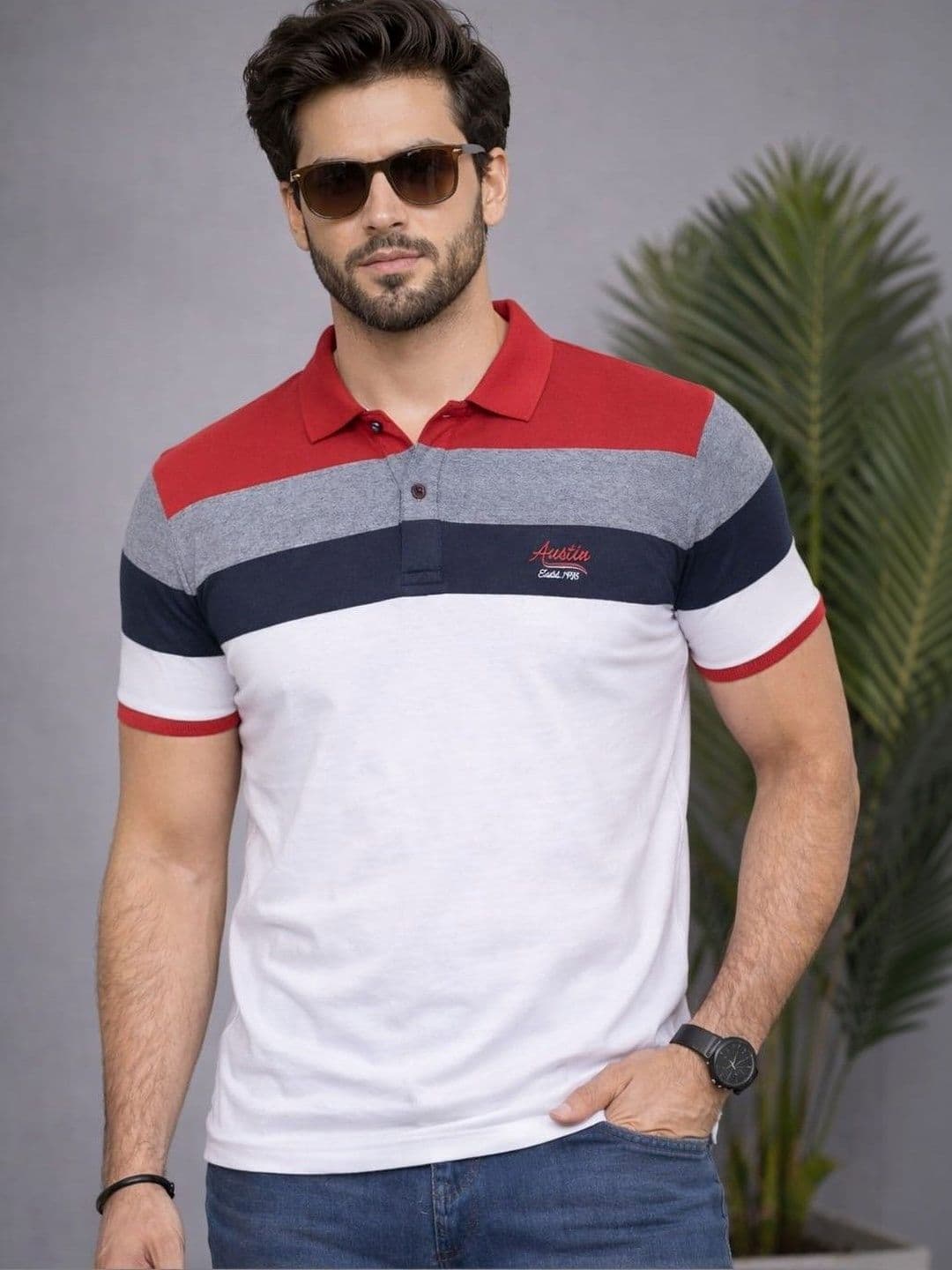 Austin wood Men Colourblocked Polo Collar T-shirt - view 1