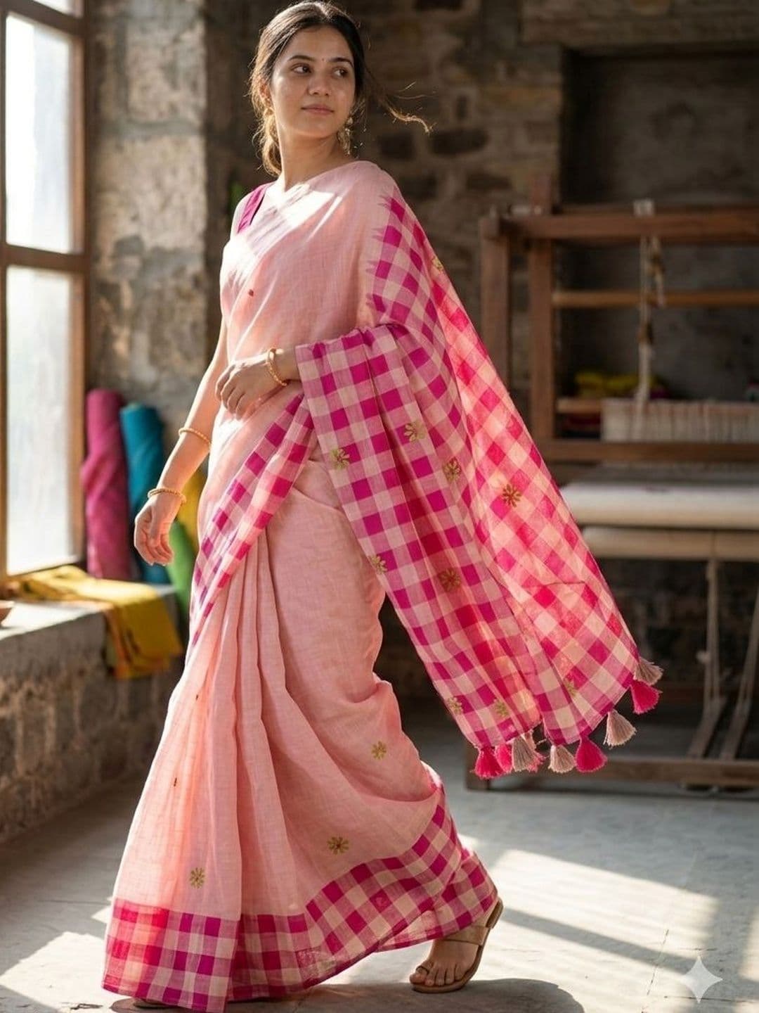 STAVA CREATION Embroidered Pure Linen Saree - view 1
