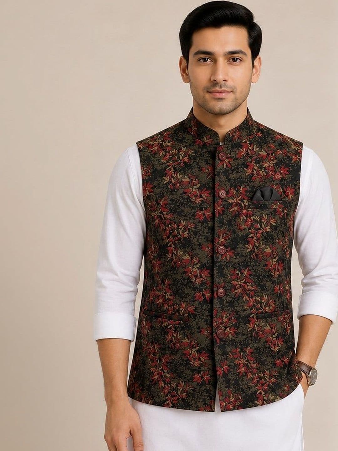 EPSI Printed Velvet Satin Nehru Jackets - view 1