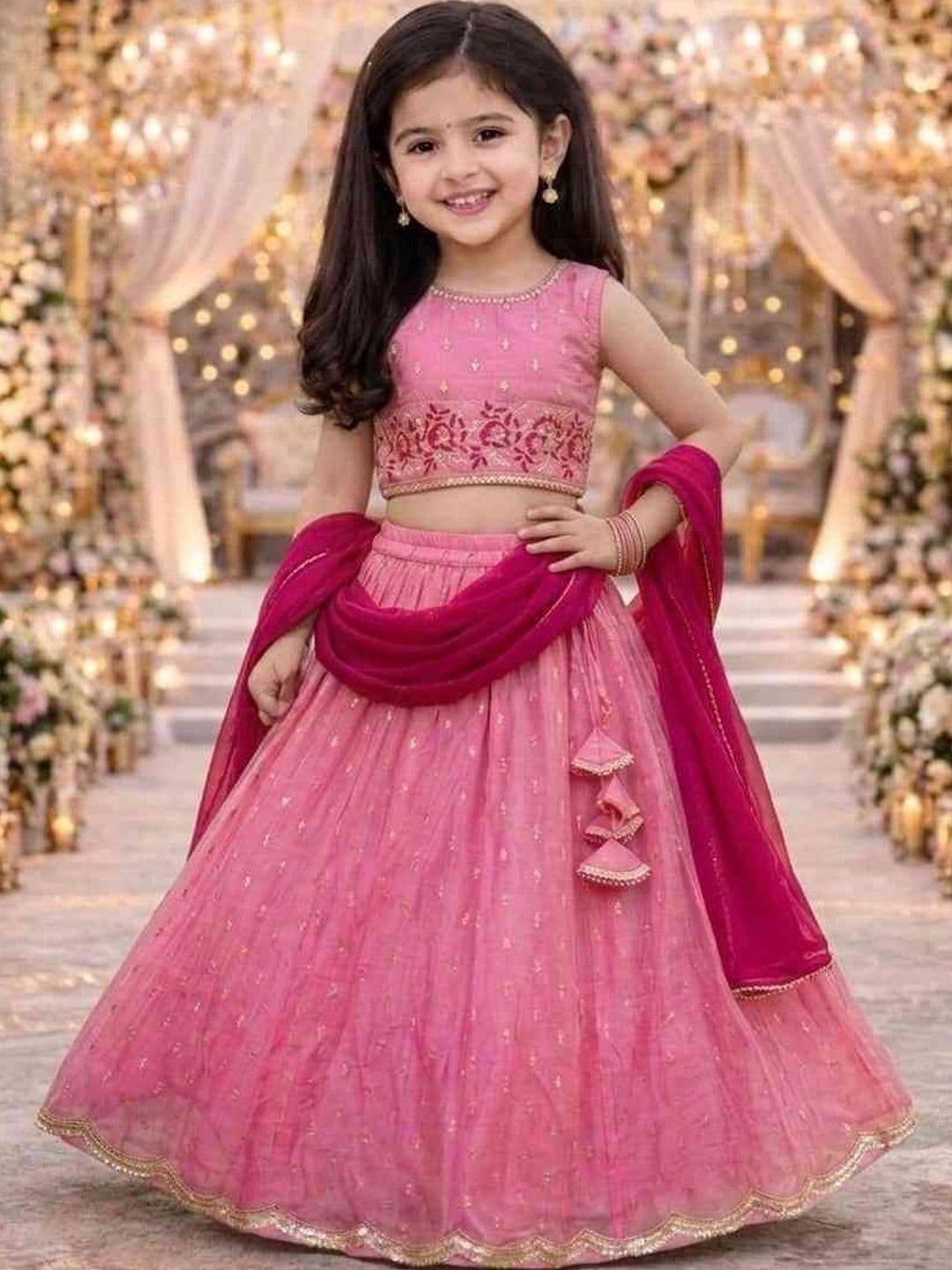KALINI Girls Embroidered Mirror Work Ready to Wear Lehenga & Blouse With Dupatta - view 1