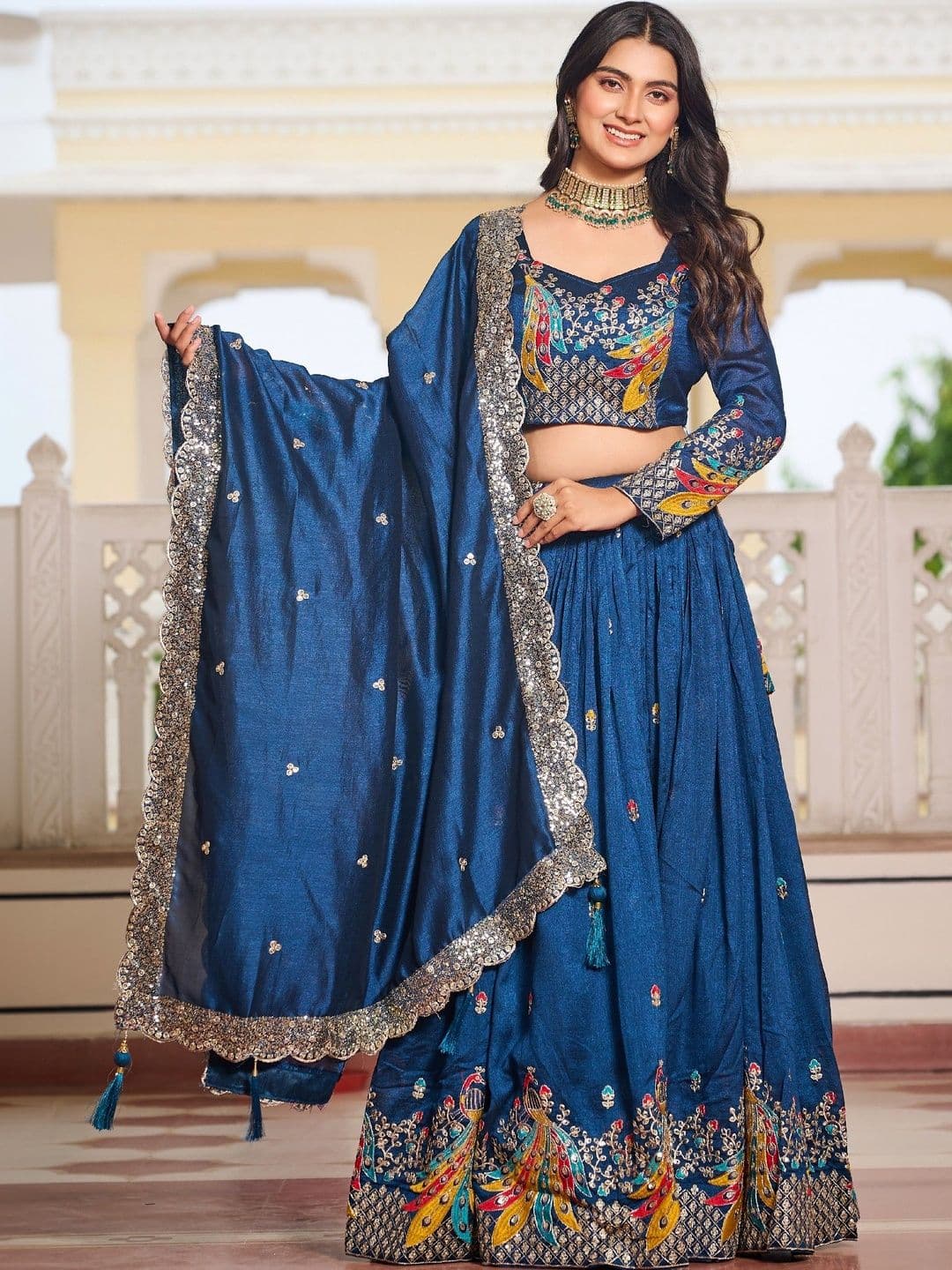 HERE&NOW Pure Vichitra Embroidered Lehenga Choli Set with Matching Dupatta - view 1