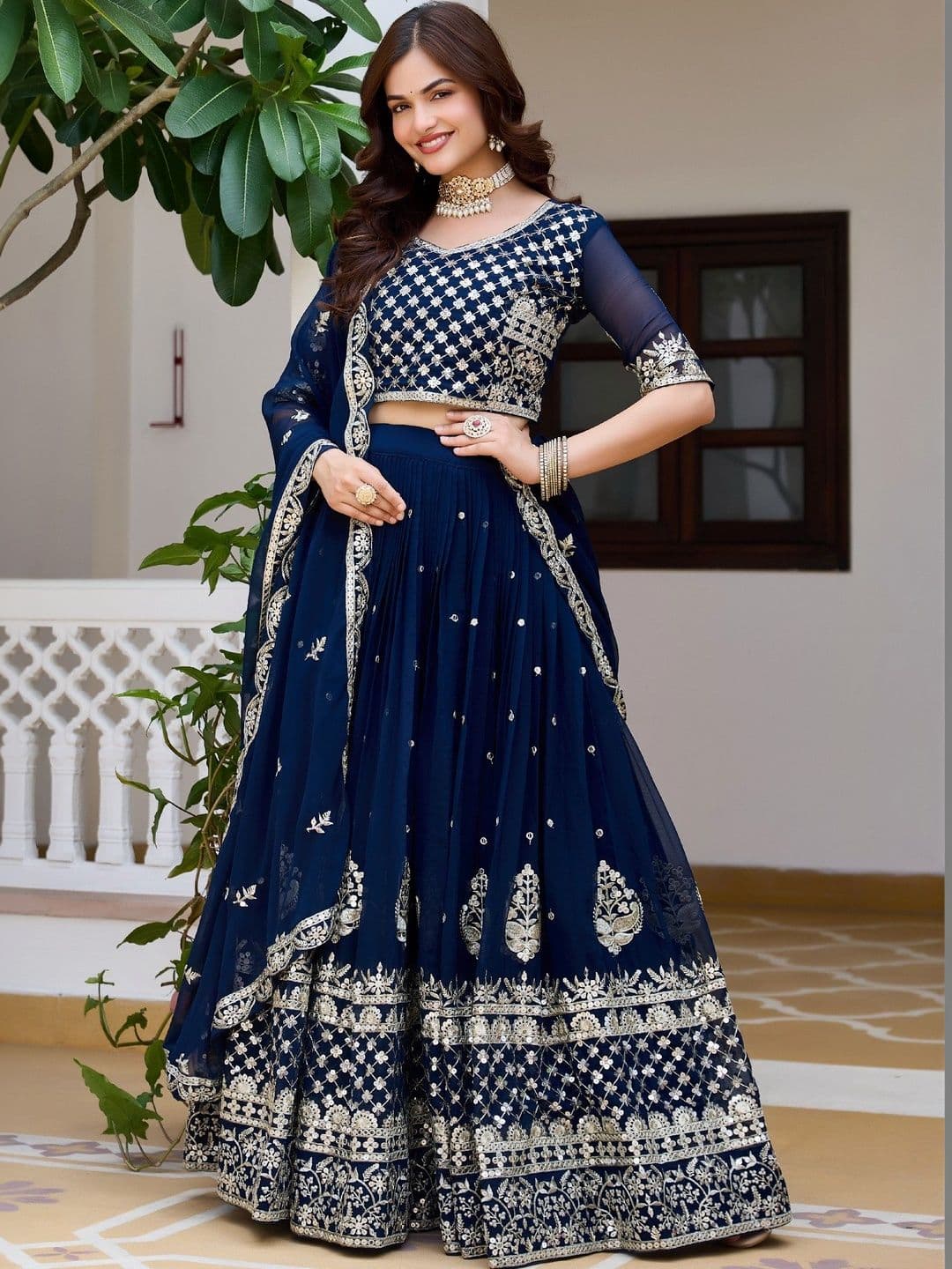 HERE&NOW Georgette Sequence Work Embroidered Lehenga Choli Set with Dupatta - view 1