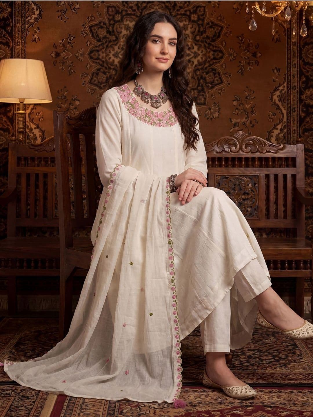 Indo Era Women Floral Embroidered Regular Thread Work Kurta with Trousers & With Dupatta - view 1
