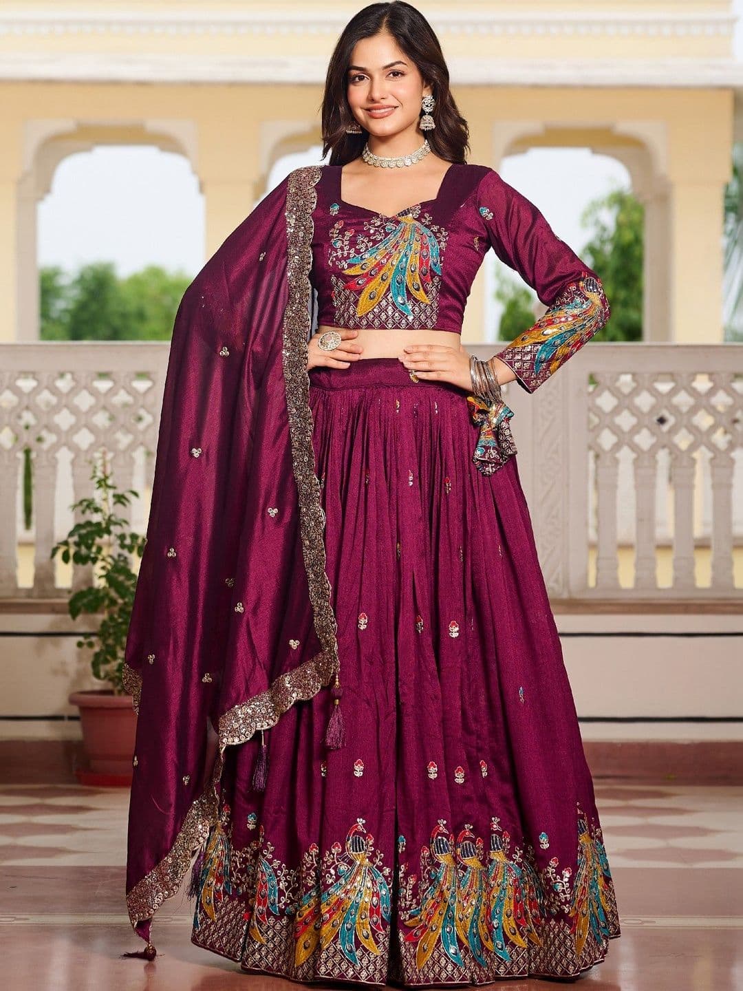 HERE&NOW Pure Vichitra Embroidered Lehenga Choli Set with Matching Dupatta - view 1