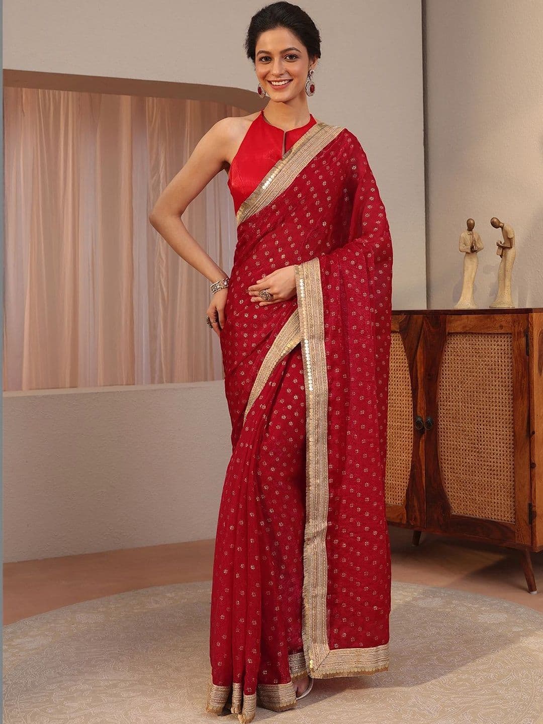 Libas Carnelian Red Foil Printed Tissue Saree - view 1