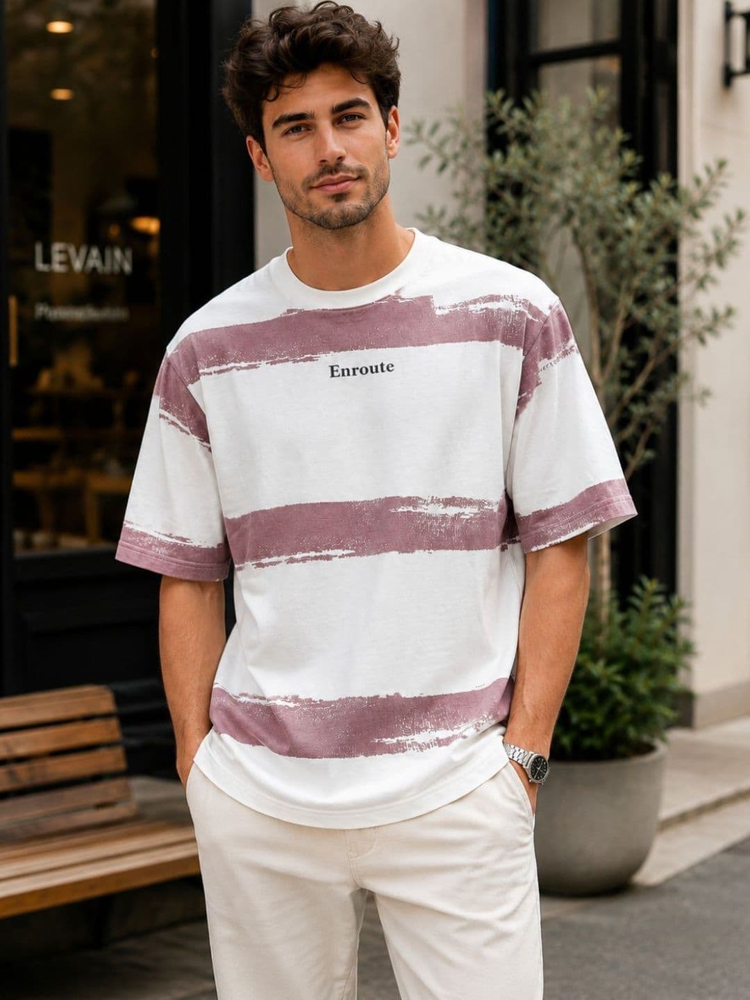 R.Code by The Roadster Life Co. Men Striped Drop-Shoulder Sleeves T-shirt - view 1