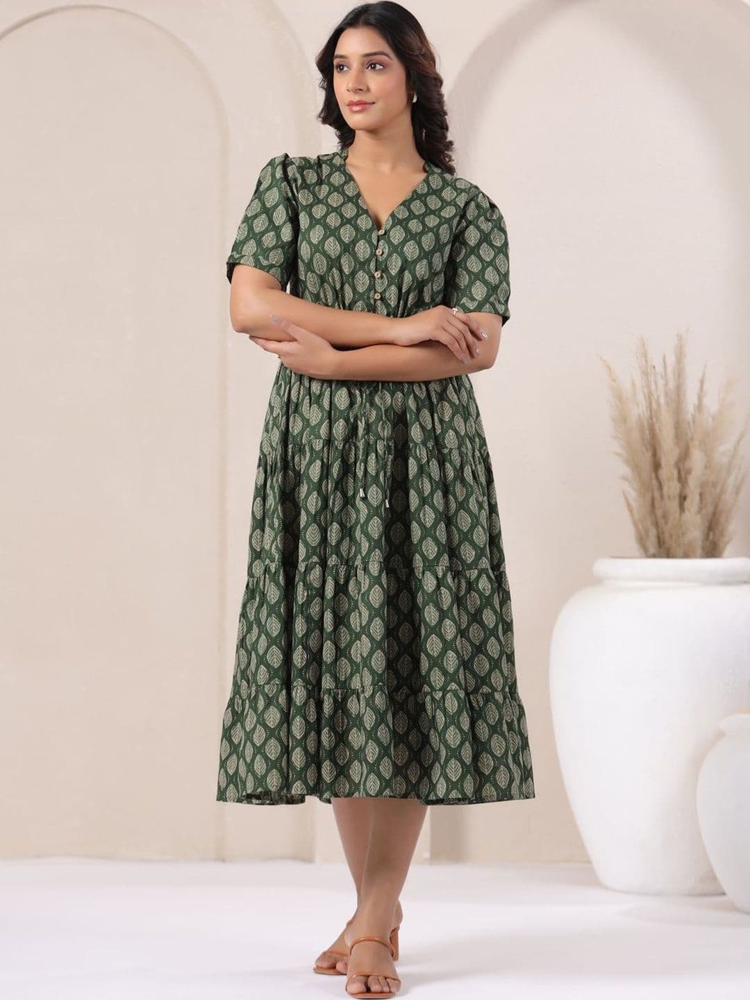 Twelve South Ethnic Motifs Print Puff Sleeve A-Line Midi Dress - view 1