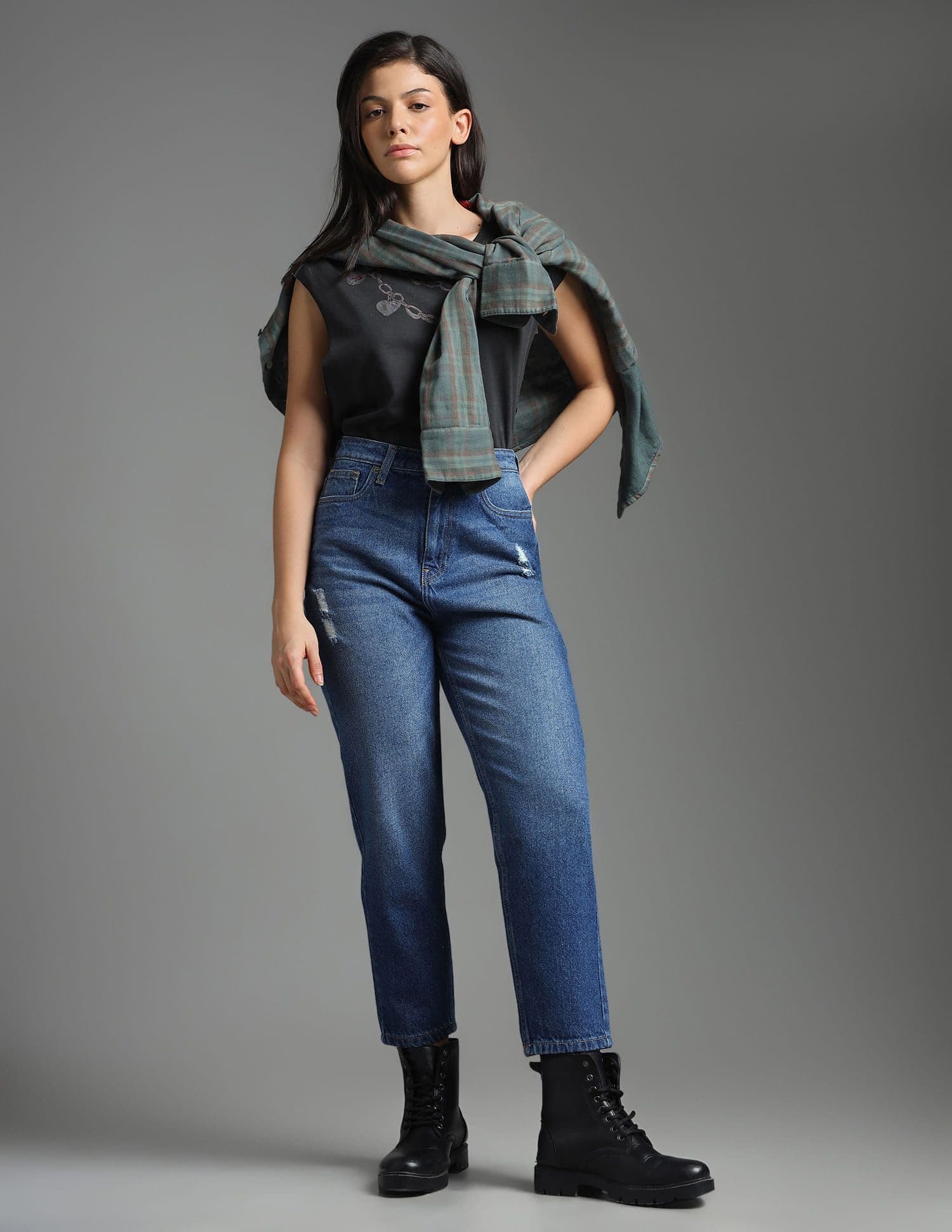 Flying Machine Women High-Rise Low Distressed Light Fade Cotton Straight Fit Jeans - view 1